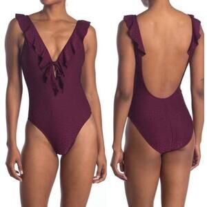 ROBIN PICCONE Julianna Swimsuit Size 4 NEW One Piece Ruffle Dot NWOT Eggplant